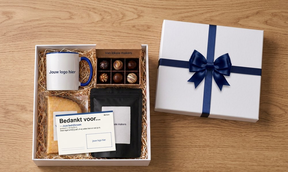 Open white thank-you box with a mug, chocolates, coffee and a card, next to a closed box with a blue bow