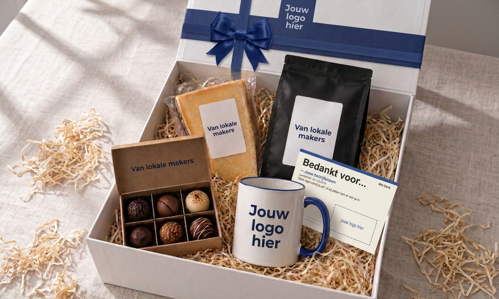 White Christmas gift box with a mug, chocolates, coffee and cheese in wood wool, the lid with a blue bow behind it