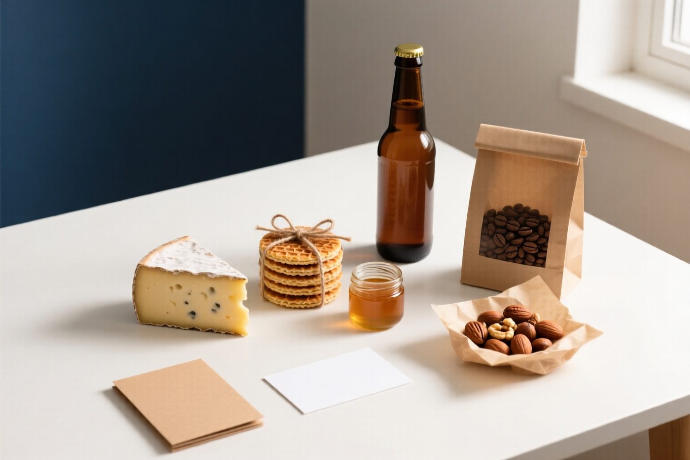Cheese, honey, beer, chocolates and nuts on paper, seen from above