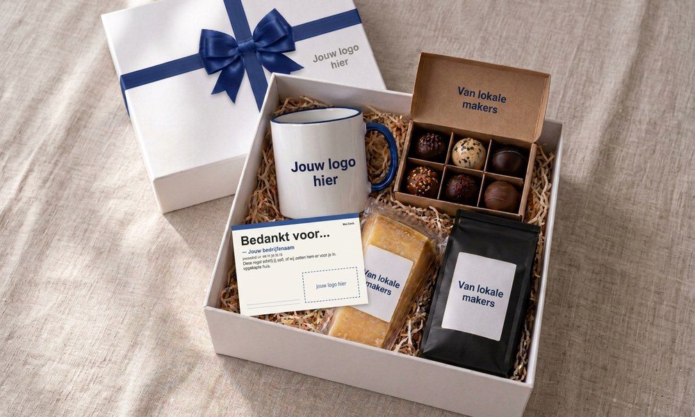 Open welcome box with a logo mug, chocolates, coffee and a card, next to the lid with a blue bow
